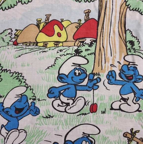 Vintage 1980s "Smurf Village " Twin Flat Bed Sheet Fabric - Picture 6 of 12